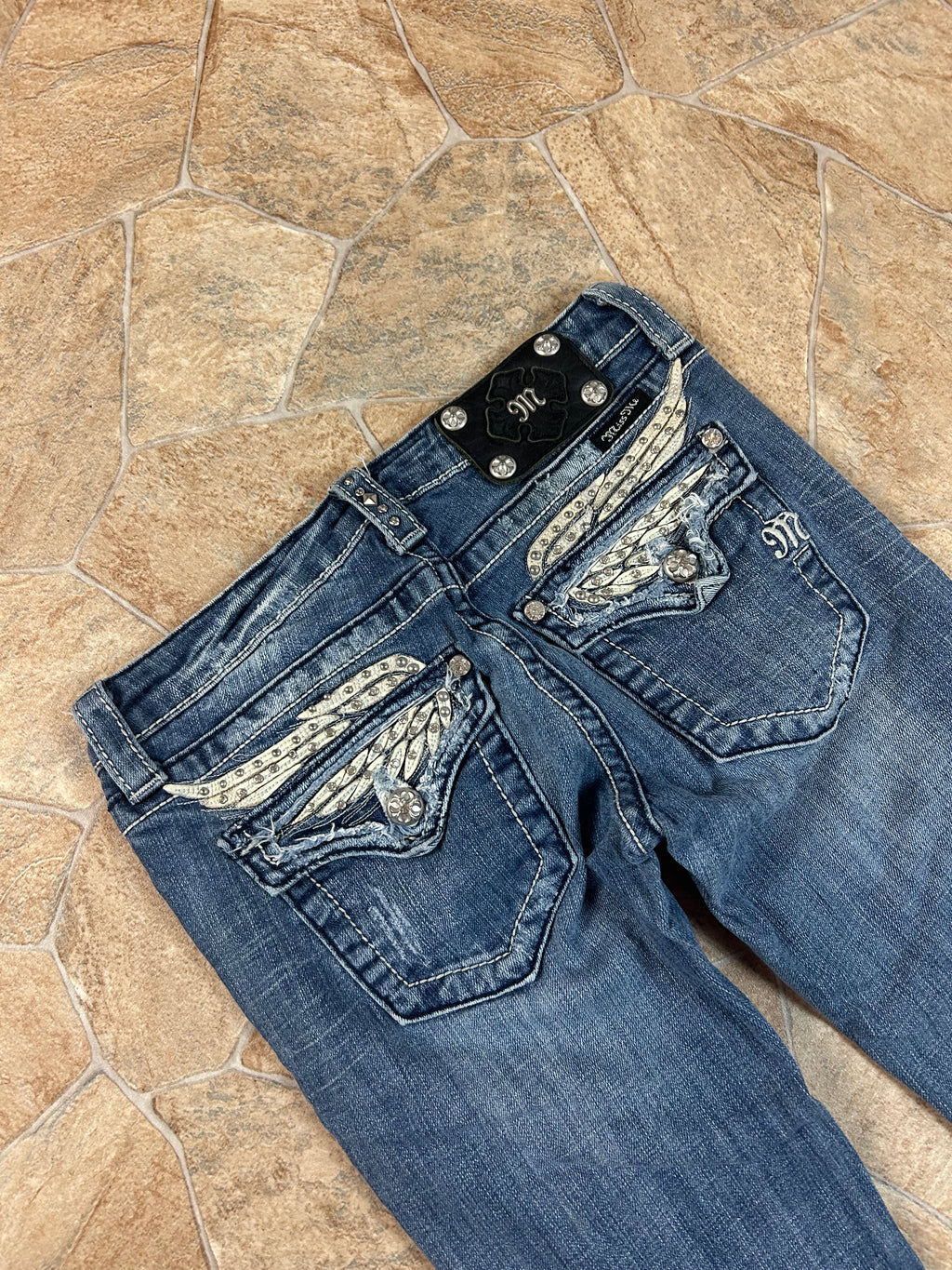 Miss Me Vintage Flared Jeans Bootcut Schlaghose lowwaist Angel Wings, XS