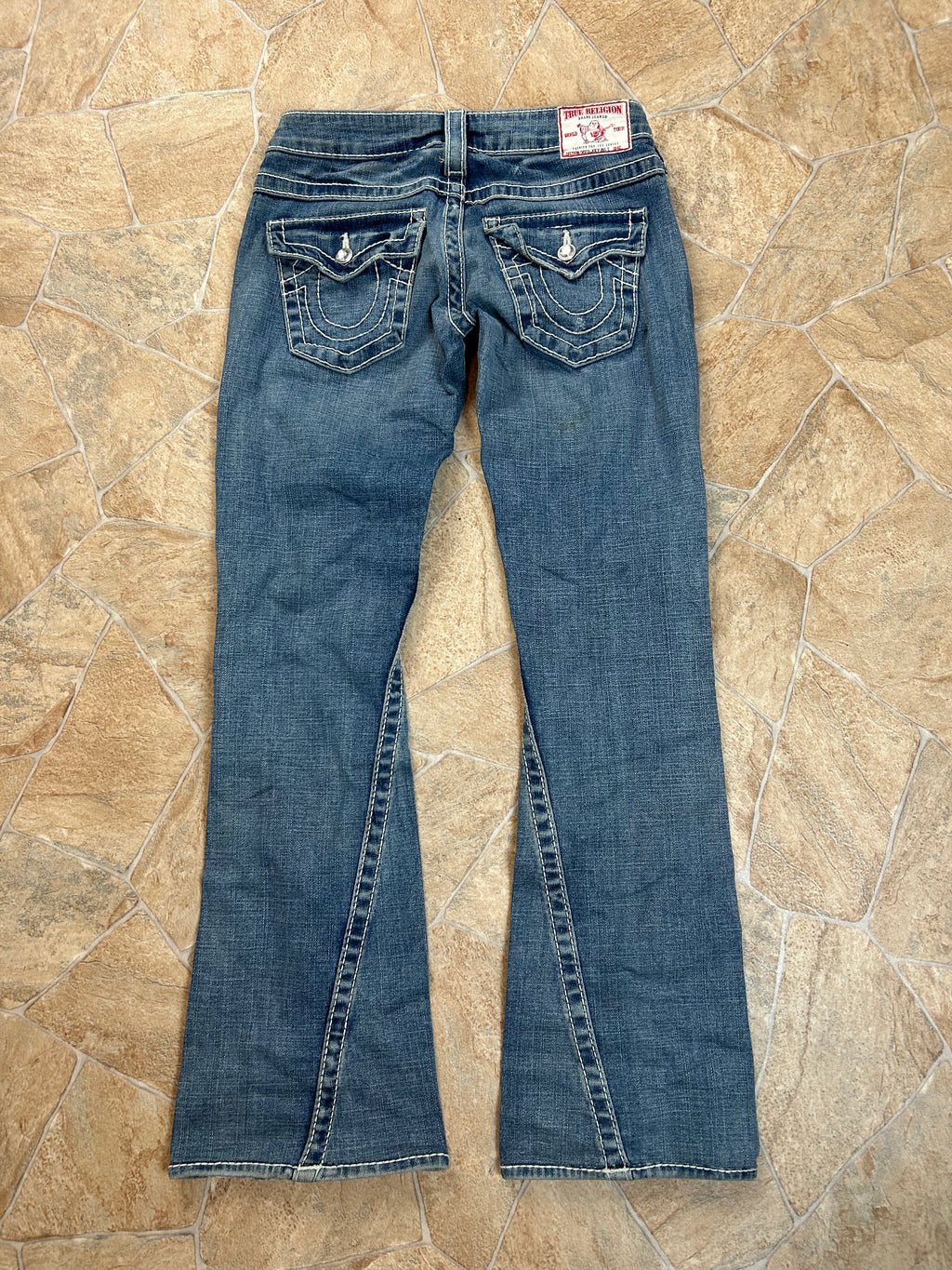 True Religion Vintage Flared Jeans Bootcut lowwaist Disco Joey Big T Swarovski Y2K W24/XS