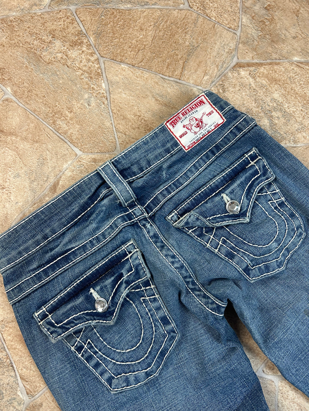 True Religion Vintage Flared Jeans Bootcut lowwaist Disco Joey Big T Swarovski Y2K W24/XS