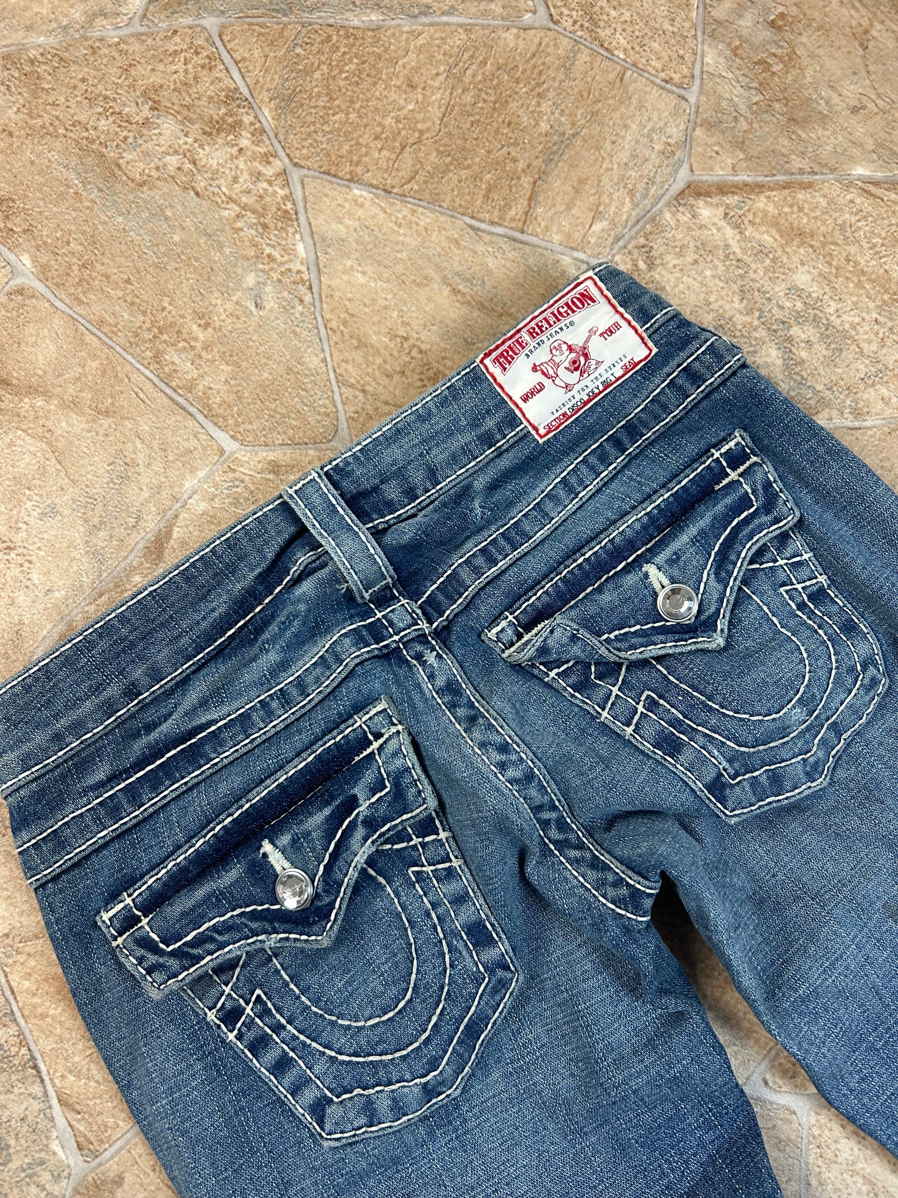 True Religion Vintage Flared Jeans Bootcut lowwaist Disco Joey Big T Swarovski Y2K W24/XS