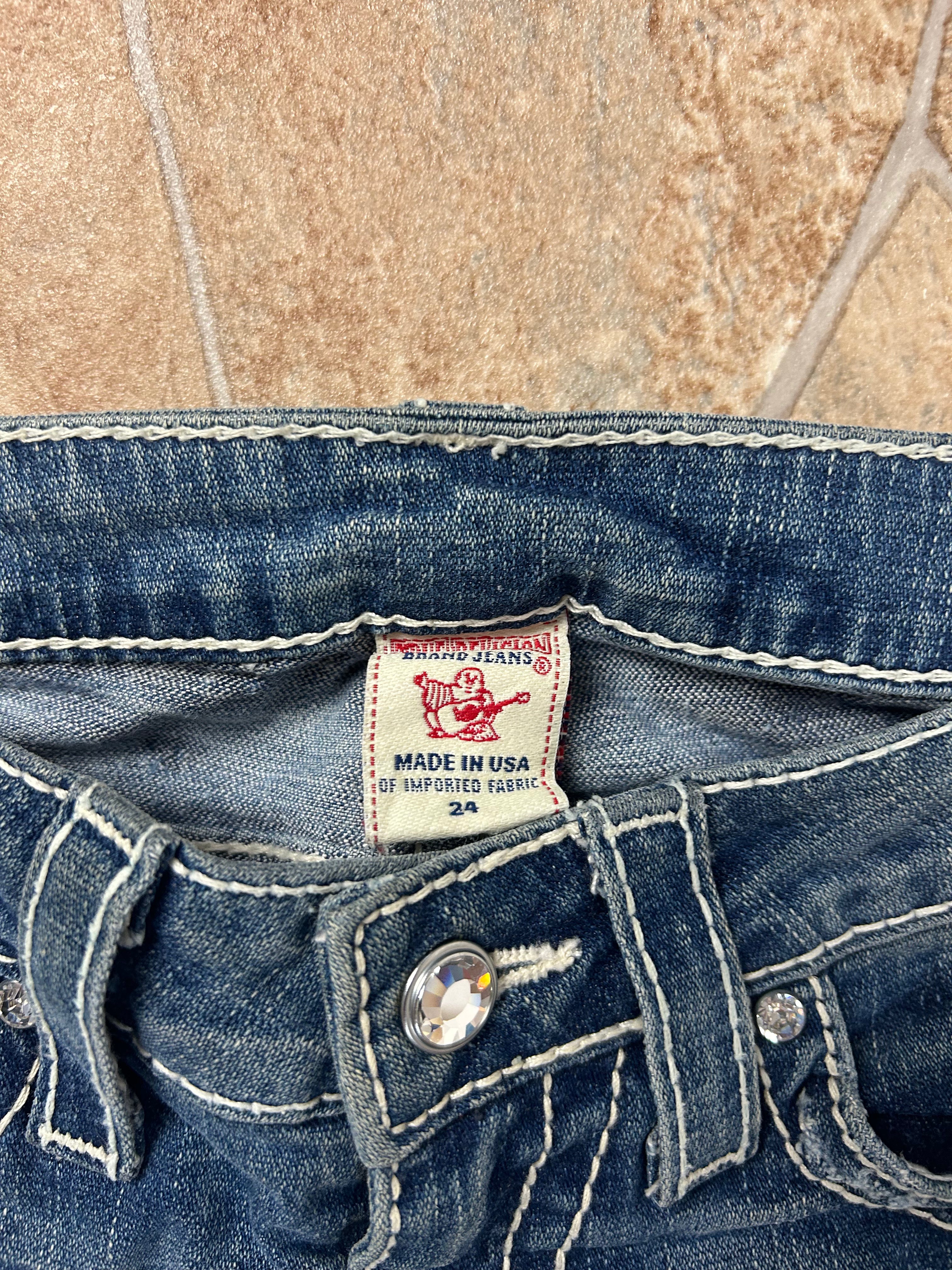 True Religion Vintage Flared Jeans Bootcut lowwaist Disco Joey Big T Swarovski Y2K W24/XS